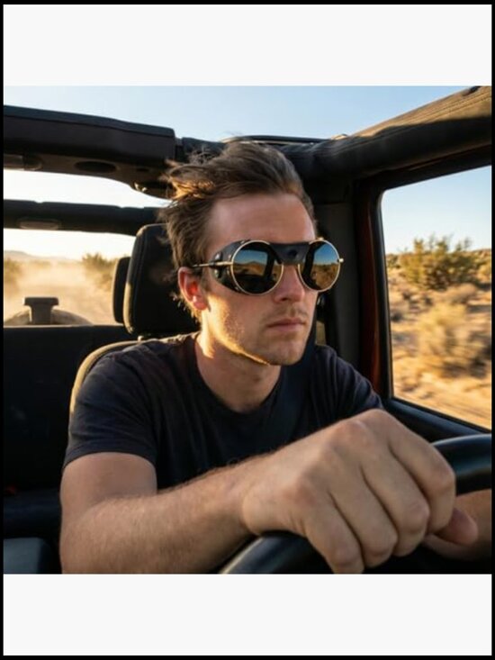 Retro Round Sunglasses with Leather Side Shields - Metal Frame UV Protection